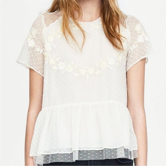 ZARA Short Sleeve Swiss Dot Sheer Tulle Blouse with Embroidered Flowers Medium - Picture 3 of 8